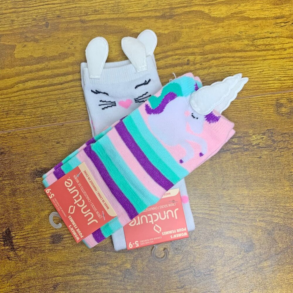 2 pairs novelty socks gift crew socks UNICORN with HORN & BUNNY with EARS Bundle